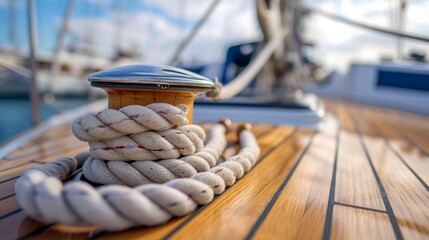 Sailboat winch and rope yacht detail. Yachting hobby