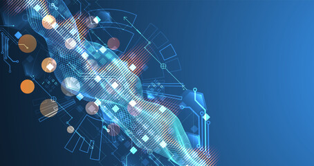 Abstract technology background for your design. The wave is made in a wireframe style with various technological elements. Vector.
