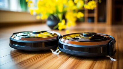 Robot vacuum cleaner autonomously cleaning a carpet in a bright and stylish living room interior