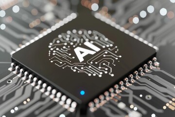 AI Brain Chip electromagnetic compatibility. Artificial Intelligence neurological research mind ingenious axon. Semiconductor evolution circuit board cloud native - obrazy, fototapety, plakaty