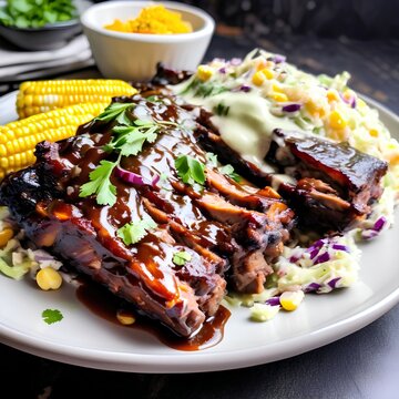 A closeup of a plate of ribs, with corn and coleslaw, stock image