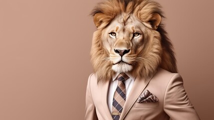 Friendly lion in business suit at corporate workplace studio on plain color wall with copy space