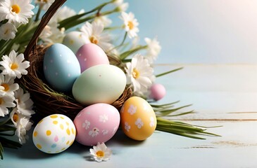 Obraz premium Easter Monday day celebration. A beautiful colorful egg basket and lots of white flowers
