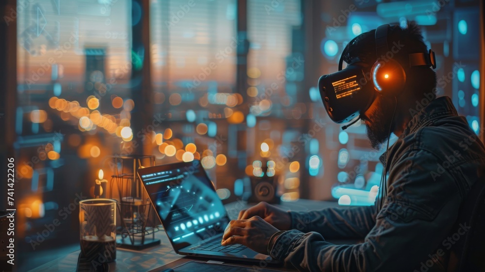 Wall mural Woman Using Virtual Reality Headset at Home Office. Generative AI