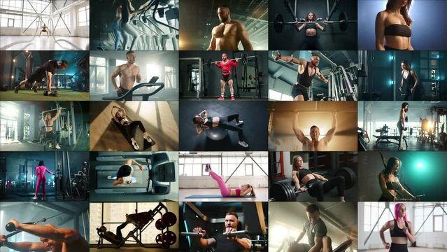 Focused athletes perform various exercises: barbell squats, intense treadmill sprints, vigorous kettlebell workouts, concentrated rowing sessions, and dynamic resistance training. 