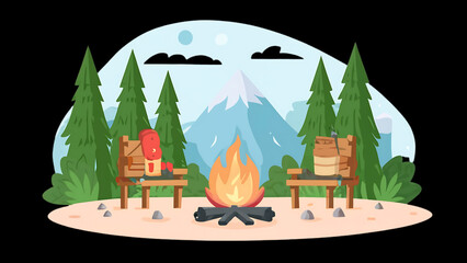 An illustration of a campfire and two chairs in front of a mountain