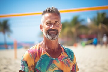 Portrait of senior man playing volleyball on the beach at sunny day