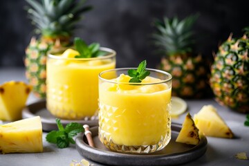 Refreshing pineapple juice in glass with fresh pineapples, summer drink