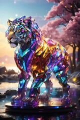 A ferocious looking tiger made of colorful crystal