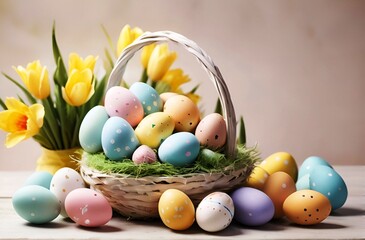 Easter Monday day celebration. Lots of beautiful colored eggs and lots of flowers