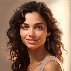 Naklejka premium Natural Portrait of a Woman with Curly Hair and a Gentle Smile 