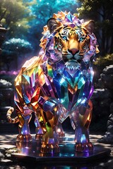 Fototapeta na wymiar A ferocious looking tiger made of colorful crystal