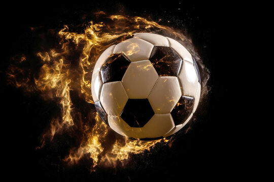 Soccer ball flies in the air from a kick, traces of trajectory, Dark background isolate.