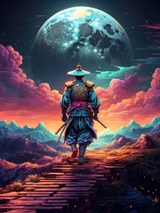 Foto auf Acrylglas Futuristic Samurai standing backwards in a night grey forest with a big red moon in the background, Panorama landscape scene, illustration art style painting © ceng