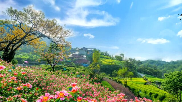 Spring landscape on a green hill Colorful flowers flying butterflies and houses Seamless looping time-lapse 4k animation video background  Generated AI
