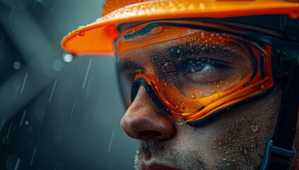 Determined Worker in Rain with Orange Safety Gear and Goggles - obrazy, fototapety, plakaty