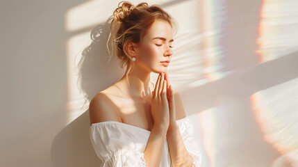 Jeune femme relax sentant la crème de jour pour s'hydrater dans ses mains, rituel bien être et arc en ciel