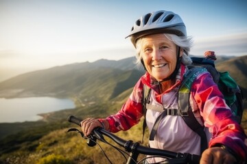 Portrait of happy senior woman with mountain bike on top of mountain