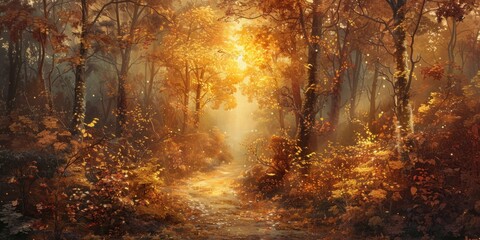 Winding through heart of lush forest serene pathway invites travelers into magic of springtime woodland vivid greens of new leaves blend harmoniously with last golden remnants of autumn