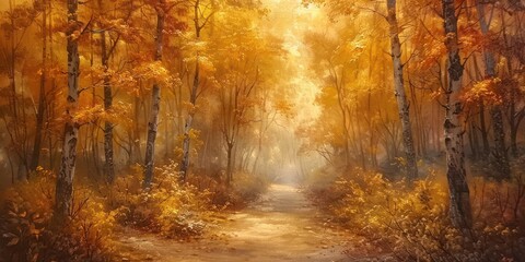 Obraz premium Winding through heart of lush forest serene pathway invites travelers into magic of springtime woodland vivid greens of new leaves blend harmoniously with last golden remnants of autumn