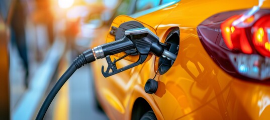 Car refueling with diesel or petrol, gun in fuel tank, close up view, copy space for text placement