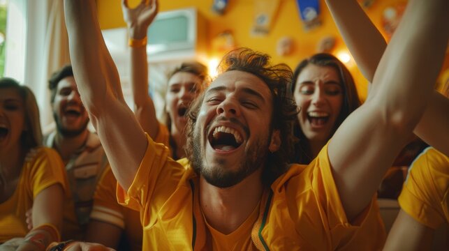 Sport fans Celebrating Goal in Home Soccer Match Viewing. Generative AI