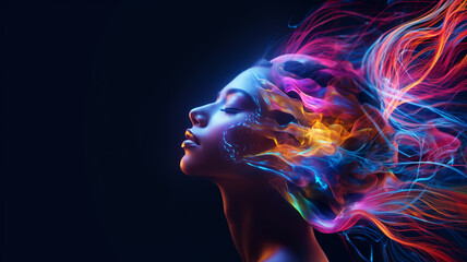 Portrait of a beautiful woman with colorful smoke on her face. generativa IA