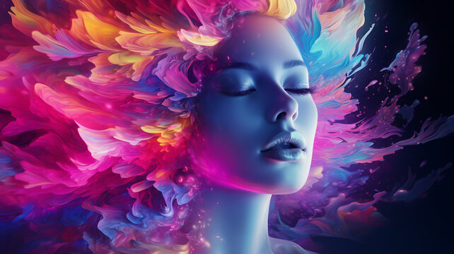 Beautiful female face with colorful paint splashes. 3d rendering generativa IA