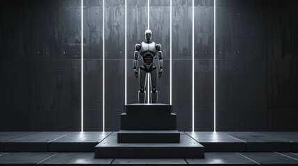 sci-fi atmosphere, focusing on a robot that stands ready for activation on a platform with circular light patterns, symbolizing artificial intelligence and mechanical being