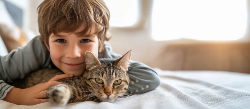 A little boy tenderly hugs her kitten and lies on the bed in the morning in a bright bedroom. Friendship concept between child and pet, copy space for text