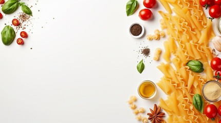 Composition with pasta and cooking ingredients on white background, top view	