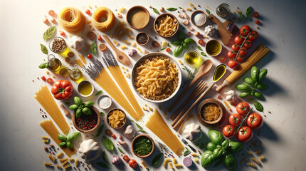 Composition with pasta and cooking ingredients on white background, top view	