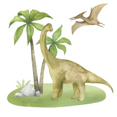 Watercolor illustration of a dinosaur diplodocus and pterodactyl on green grass with palm trees, watercolor texture, handmade, isolated. For children's room decor, poster, invitation © dakora
