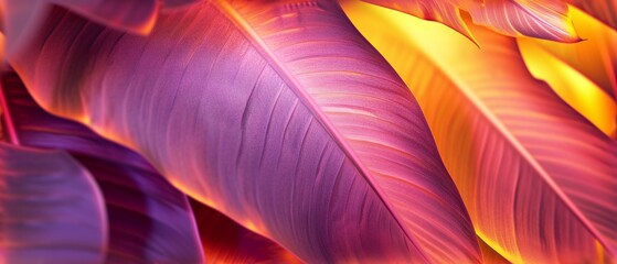 Fototapeta premium Sunset Glow: Extreme macro reveals the warm hues of sunset reflected on banana leaves.
