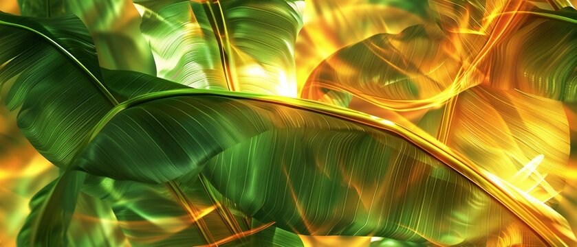 Sunlit Serenity: Golden rays filter through, banana leaves in fluid form, blending tranquil oasis.