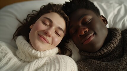 Happy multiracial couple in 20s sleeping peacefully on white bed with white blanket