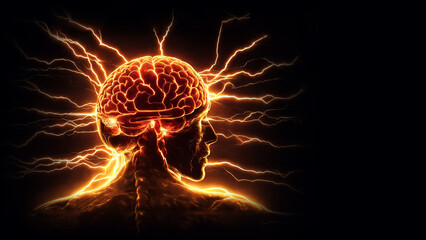 digital illustration of a human brain on a human silhouette, hyperdetailed brain activity, electrical activity, lightning flashes