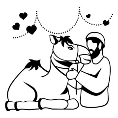 Qurban Islamic ritual sacrifice vector Design, Eid al-Azha or Eid ul Kabir Symbol, Hajj Sign, Muslims religious Festival Stock illustration, Muslim Man wearing green cap and Holding Camel Rope Concept