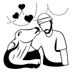 Showing Love and Care to Sacrificial animal before Qurban vector design, Eid al-Azha Eid ul Kabir Symbol Hajj Sign Muslims religious Festival Stock illustration, Muslim Man huddle up with Cow concept