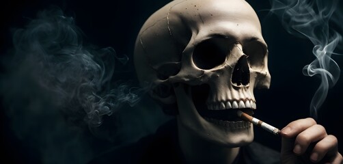 A skeleton with a lit cigar, surrounded by smoke, on a black background. AI Generated