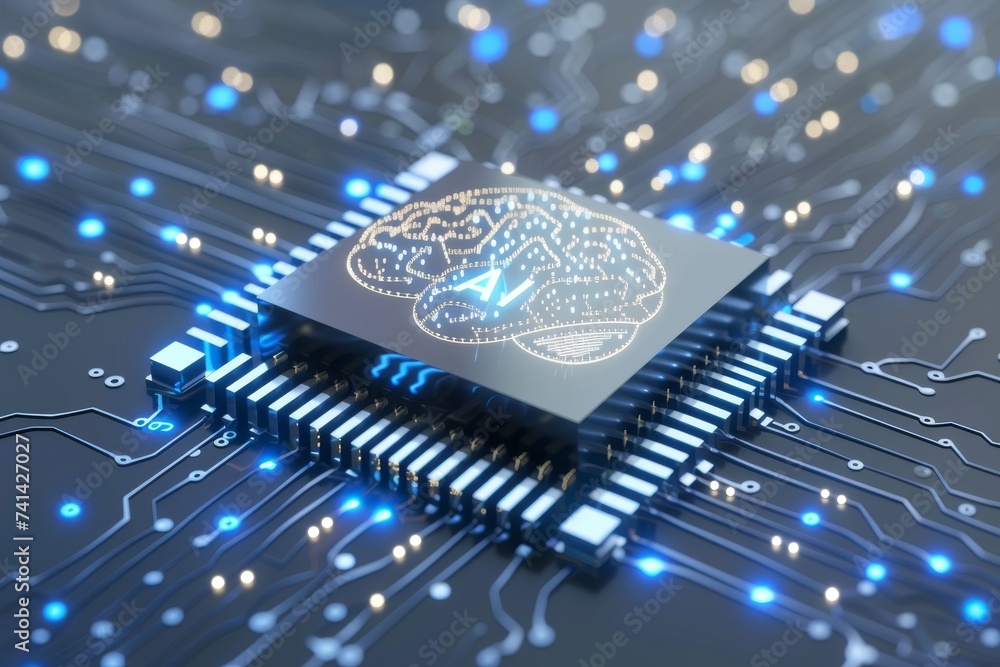 Poster ai brain chip graphic. artificial intelligence processor cooler mind inhibitory synapse axon. semico