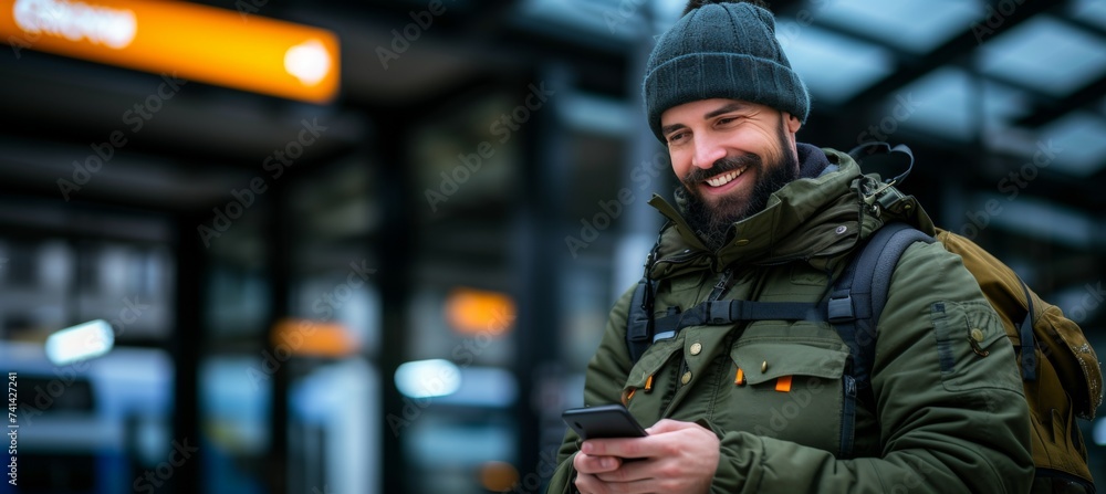 Poster happy bearded man using smartphone at train station with copy space for text placement
