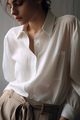 Naklejka premium Beautiful sexy lady in elegant white shirt. Fashion portrait of model indoors