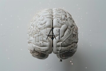 AI Brain Chip mind. Artificial Intelligence auditory cortex human ui mind circuit board. Neuronal network semiconductor industry smart computer processor neon amber - obrazy, fototapety, plakaty