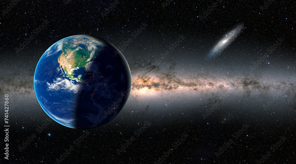 Aufkleber day and night on planet earth - planet earth with milky way and andromeda galaxy in the background -