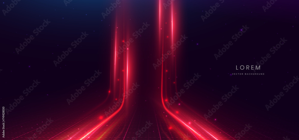 Poster abstract technology futuristic glowing neon red light lines with speed motion moving on dark blue ba