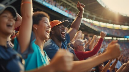 Capture the enthusiastic cheers of fans. Baseball Game Excitement. Fans Cheering in the Stands. - obrazy, fototapety, plakaty