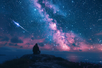Under a starry sky. Astronomical observation and meditation under the night sky of the Milky Way and shooting stars. Concept about celestial bodies and mysteries of the universe.