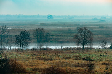 River valley with meadow and trees. Autumn countryside landscape on a foggy cloudy morning