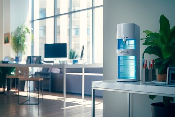 Office water cooler in a bright, spacious work area. Concept of workplace hydration, modern office, water dispenser, employee wellness. Copy space.
